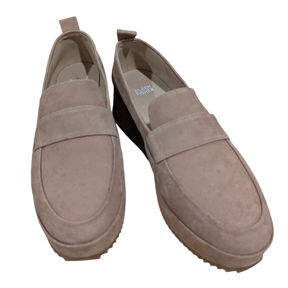 Eileen Fisher Womens Willow Taupe Nubuck Leather Platform Wedge Loafers Size 8